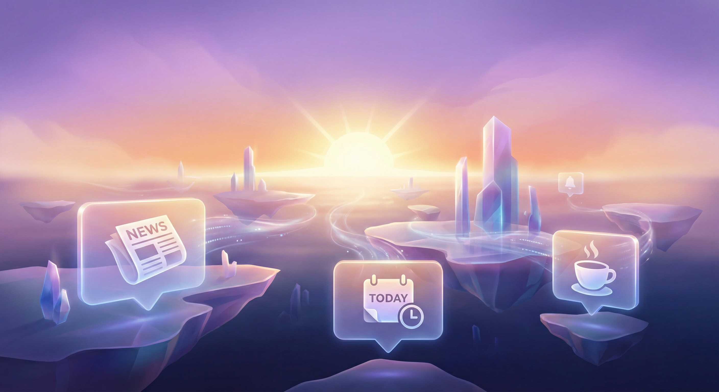 Sunrise with notification bubbles representing morning automation