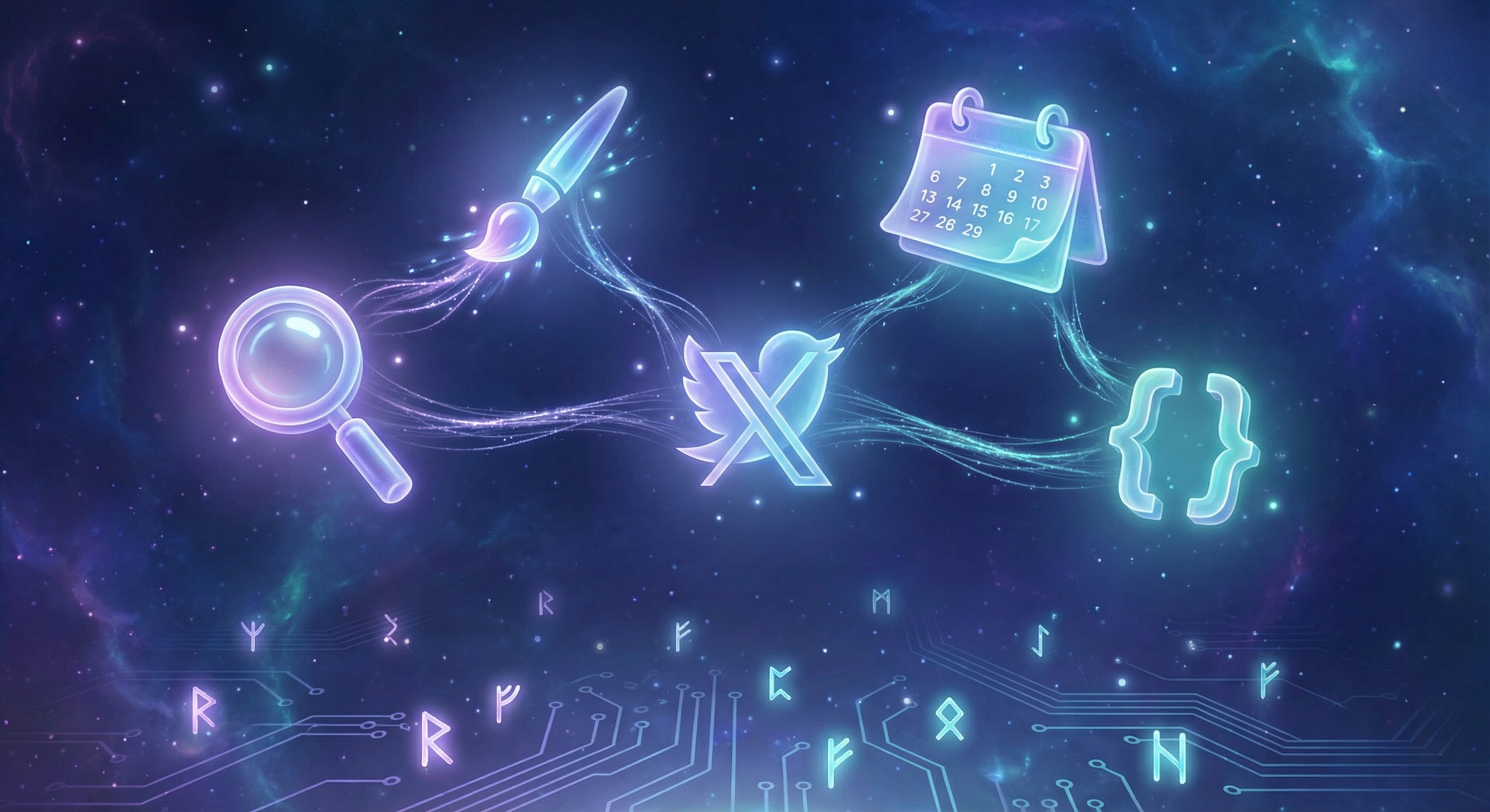 Floating skill icons connected by energy